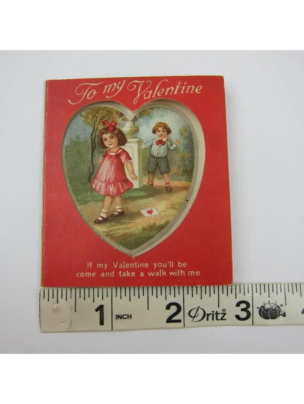 Vintage Valentine Boy Girl Pink Dress Walking By Red Heart Die Cut Window Bifold